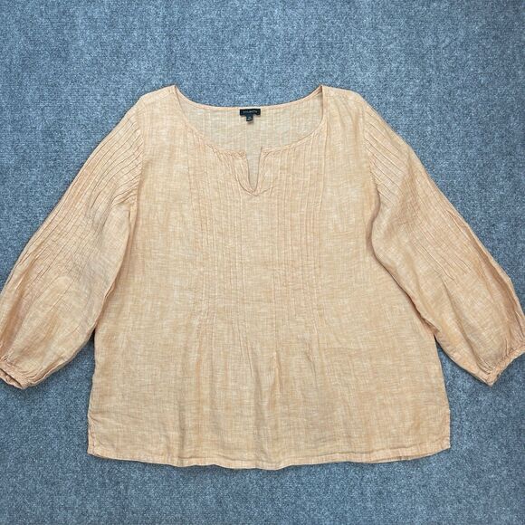 Talbots Linen Top Womens XL Pleated 3/4 Sleeve Pullover V Neck Peach Blouse - Picture 1 of 8
